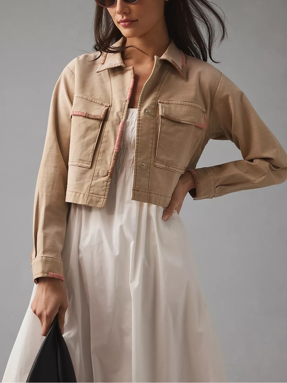 Pilcro Cropped Utility Jacket in Beige with Pink Trim